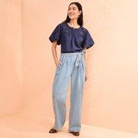 Lands' End Women's Petite Wide Leg Paper Bag Trousers in Mid Blue | Size: 20