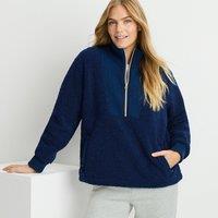 Lands' End Women's Sherpa Fleece Ribbed Zip Collar Top in Navy | Size: 16-18