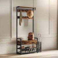FURNOS Industrial Hall Tree Coat Rack Shoe Storage Bench in Brown