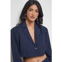 Warehouse Women's Navy Pinstripe Cropped Blazer Co-ord | Size: 12