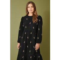 Yumi Women's Black Long Sleeve Midi Dress With Floral Embroidery | Size: 16