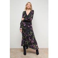 Oasis Women's Printed Lace Trim Detail High Low Hem Midi Dress in Black | Size: 8