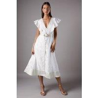 V Neck Organza Jacquard Button Down Midi Dress