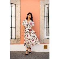 Yumi Women's Ivory Bird & Floral Print Ruched Waist Kimono Midi Dress in White | Size: 16