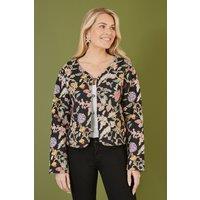 Yumi Women's Black Floral Print Reversible Cotton Cropped Quilted Jacket | Size: 16