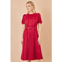 Yumi Women's Red Satin Striped Midi Dress With Pleats & Matching Belt | Size: 14