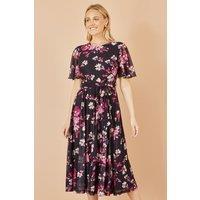 Yumi Women's Black Mesh Skater Floral Midi Dress | Size: 12