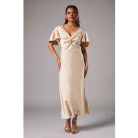 Oasis Women's Petite Satin Twist Angel Sleeve Midi Bridesmaid Dress in Champagne | Size: 10