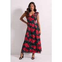 Dorothy Perkins Women's Petite DP Luxe Black Floral Printed Jacquard Chiffon Ruffle Front Sleeveless Midi Dress | Size: 8