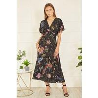 Yumi Women's Black Viscose Bird & Floral Print Kimono Midi Dress | Size: 18
