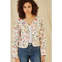 Yumi Women's White Floral Print Reversible Cotton Cropped Quilted Jacket | Size: 10