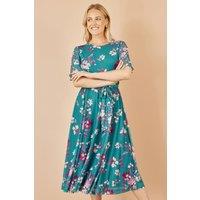 Yumi Women's Teal Mesh Skater Floral Midi Dress | Size: 14