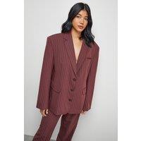 Warehouse Women's Pinstripe Oversized Grandad Blazer Co-ord in Choc Brown | Size: 10