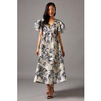 Coast Women's V Neck Flutter Sleeve Jacquard Midi Dress in Silver | Size: 10