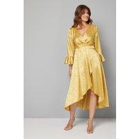 Wallis Women's Satin Jacquard Wrap Ruffle Dress in Mustard | Size: 14
