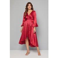 Wallis Women's Satin Jacquard Wrap Ruffle Dress in Wine | Size: 12
