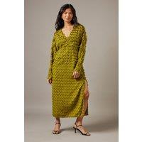 Warehouse Women's Fluffy Plunge Neck Batwing Midi Dress in Chartreuse | Size: 8