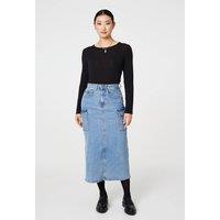 Izabel London Women's Denim High Waist Midi Cargo Skirt in Blue | Size: 14