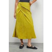 Warehouse Women's Crushed Satin Drape Front Bias Midi Skirt in Chartreuse | Size: 8