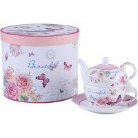 London Boutique Tea for One Teapot Cup suacer Set Vintage Flora Rose Lavender Porcelain Gift Box (Butterfly Rose) in White | Size: 0.6m2