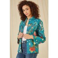 Yumi Women's Teal Floral Print Reversible Cotton Quilted Jacket | Size: 16