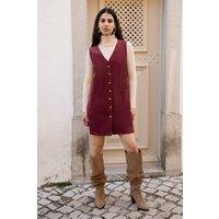 Yumi Women's Burgundy Cord Button Through Pinafore Dress With Pockets | Size: 12