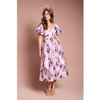 Coast Women's Short Puff Sleeve Jacquard Midi Dress With Belt in Pink | Size: 12