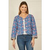 Yumi Women's Blue Floral Reversible Cotton Quilted Jacket | Size: 14