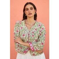 Yumi Women's White Floral Reversible Cotton Quilted Jacket | Size: 8