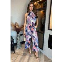 Multi Smudge Print Halter Neck Tie Waist Jumpsuit
