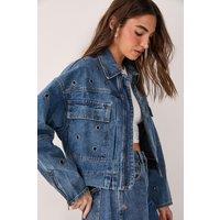 NastyGal Women's Eyelet Utility Zip Through Denim Jacket in Authentic Midwash | Size: 6