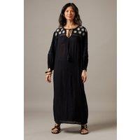 Warehouse Women's Cheesecloth Embroidered Trim Insert Midi Smock Dress in Black | Size: 10