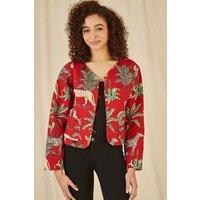 Yumi Women's Red Animal Print Reversible Cotton Cropped Quilted Jacket | Size: 16