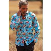 CLAUDIO LUGLI Men's Bees & Flowers Print Shirt in Blue | Size: XL