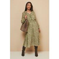 Wallis Women's Petite Floral Ruffle Midi Dress in Olive | Size: 12