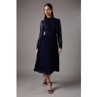 Coast Women's Long Sleeve Lace & Pleated Midi Shirt Dress in Navy | Size: 10