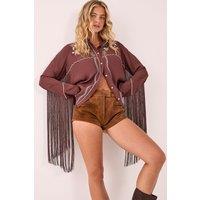 NastyGal Women's Western Embroidered Fringe Shirt in Chocolate | Size: 6