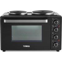 Tower T14044 Mini Oven with Dual Hot Plates, Black with Silver Accents, 32 Litre
