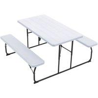 6-Seat Foldable Picnic Table Set - HDPE Woodgrain Table & Benches with Parasol Hole, White