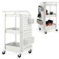 Costway 3-Tier Rolling Trolley Metal Storage Cart w/ 2 Pegboards 2 Baskets 4 Hooks in White