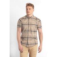 Enorsia Men's Cream/Black Check Button-Down Short Sleeve Oxford Shirt in Cream | Size: XL