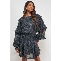 Printed Ruffle Batwing Sleeve Mini Dress