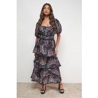 Oasis Women's Puff Sleeve Tiered Midaxi Dress in Black | Size: 14