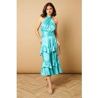 Oasis Women's Halterneck Satin Jacquard Midi Dress in Aqua | Size: 10