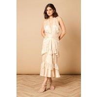 Oasis Women's Halterneck Satin Jacquard Midi Dress in Champagne | Size: 12