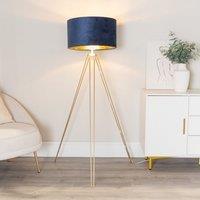 ValueLights Aero Hairpin Gold Tripod Floor Lamp with Velvet & Gold Drum Lamp Shade in Dark Navy