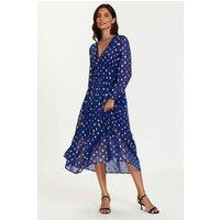 FS Collection Women's Gold Foil Lace Trim Long Sleeve Midi Dress in Blue | Size: XS