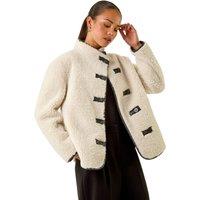 Roman Women's Petite Borg Contrast Button Coat in Stone | Size: 18