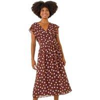 Roman Women's Spot Print V-Neck Frill Midi Dress in Brown | Size: 10