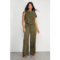 Warehouse Women's Satin Chiffon Mix One Shoulder Drape Jumpsuit in Dark Olive | Size: 10